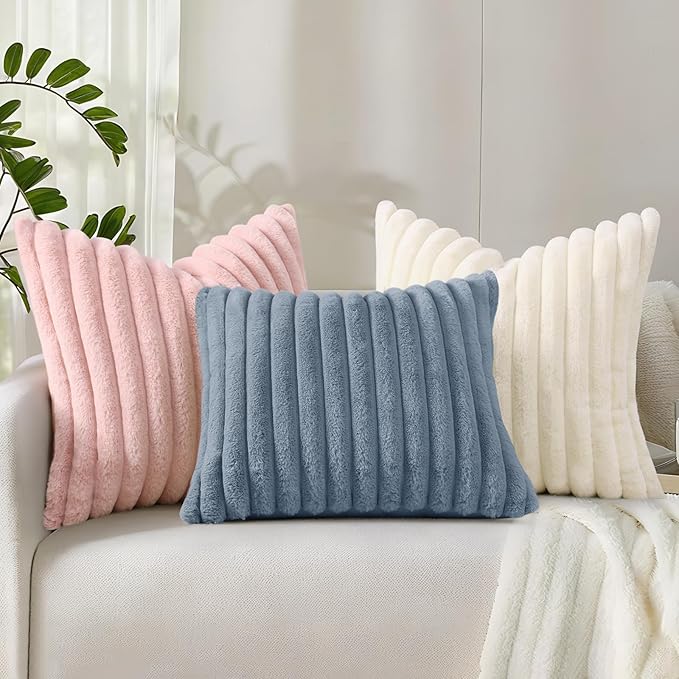 decorUhome Faux Fur Christmas Throw Pillow Covers 22x22 Set of 2, Decorative Soft Plush Striped Neutral Euro Pillow Covers with Velvet Back for Bed, Living Room Home Decor, Cream White