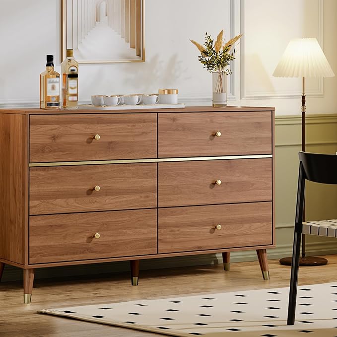 6 Drawer 47" Wide Mid Century Wooden Chest of Drawers, Walnut