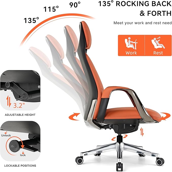 EUREKA ERGONOMIC Serene Executive Office Chair Genuine Leather, Modern Executive Chair 135° Back Support Comfy Desk with Arms & Aluminum Base for Home-Orange