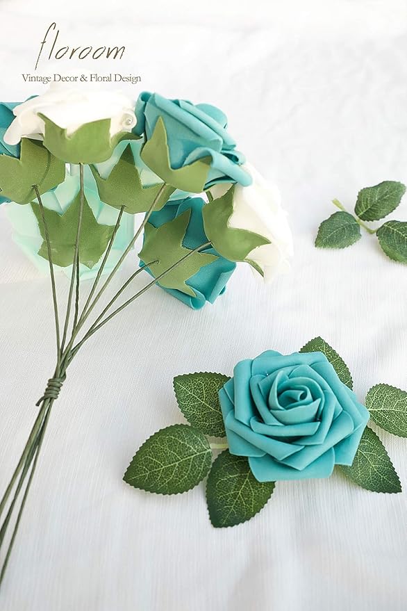 Floroom Artificial Flowers 25pcs Real Looking Green Ombre Colors Foam Fake Roses with Stems for DIY Wedding Bouquets Bridal Shower Centerpieces Floral Arrangements Party Tables Home Decorations