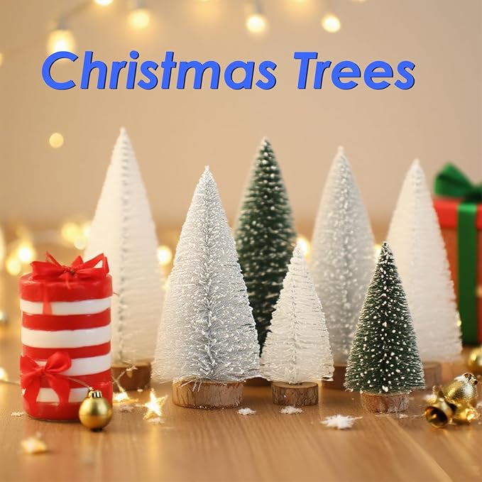 Mini Christmas Tree, Small Pine Tree with Wooden Bases for Xmas Holiday Party Home Tabletop Tree Decor (Green White Silver)