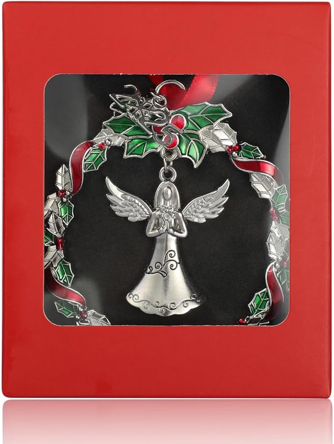 Angel Ornament 2025 for Xmas Tree Decorations Metal Christmas Wreath with Praying Angel Ornaments Silver Decorative Hanging Pendant Holiday Keepsake Gift
