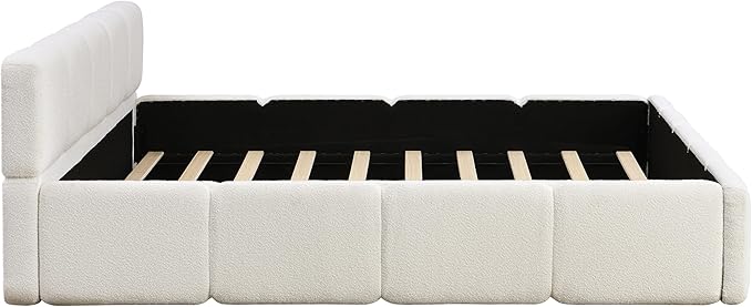 Christopher Knight Home Hazel King Size Platform Bed, Boucle Thick Headboard and Footboard, Upholstery Grounded Beds, Block Style, Wood Slats Panel Support, No Spring Box Needed, Easy Assembly, White