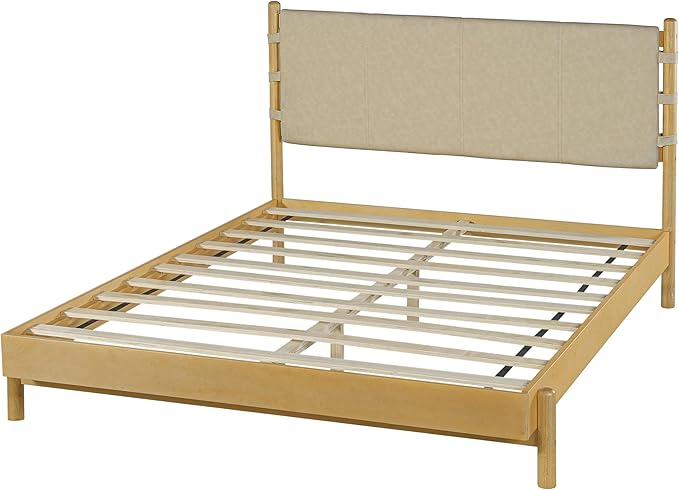 Premium Rubber Wood Platform Bed Frames, Queen Size Headboard Included, Mid Century Modern Beds, Beige