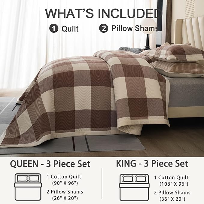 Cotton Plaid Quilt Set King 3 Piece Reversible Bedding, Grid Coffee