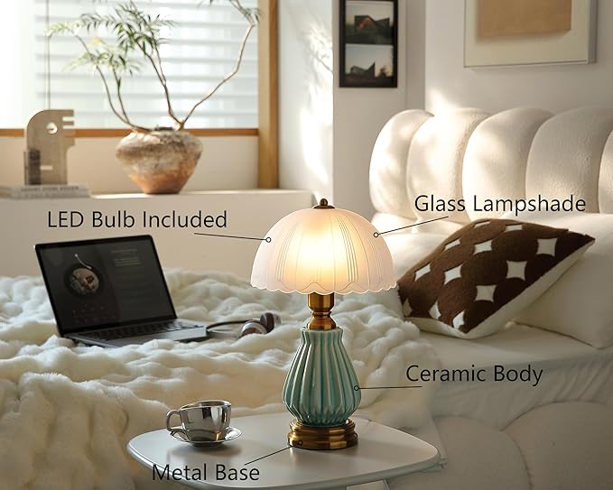 Vintage Lamp for Living Room,16" Modern Ceramic Table Lamps for Bedroom,Retro Bedside Nightstand Traditional Lamps, Classic Chinoiserie Green Lamp for Home Decor (LD004)