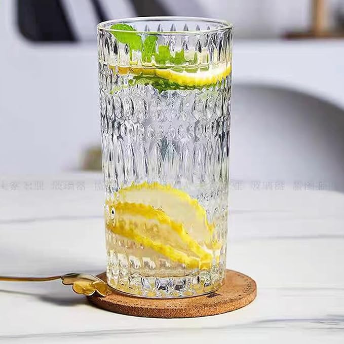 Highball Glasses Set of 4 15oz Vintage Glass Cups Fits Dinner Party - Unique Texture, Dishwasher Safe