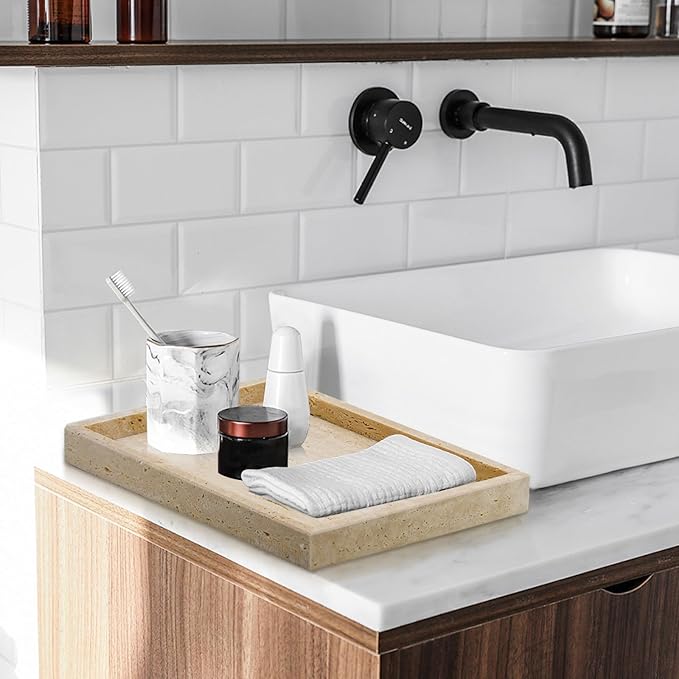 Travertine Tray,Bathroom Vanity Tray Non-Ceramic/Non-Resin,Marble Perfume Tray 12 x 8 inch (Travertine)