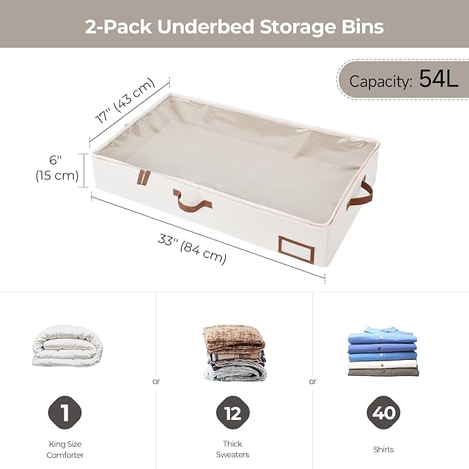StorageWorks Large Under Bed Storage Containers with Handles and Label Holder, 2 Pack Ultra-thick Fabric Underbed Bins, Closet Organizer for Clothes, Blankets, Sweater