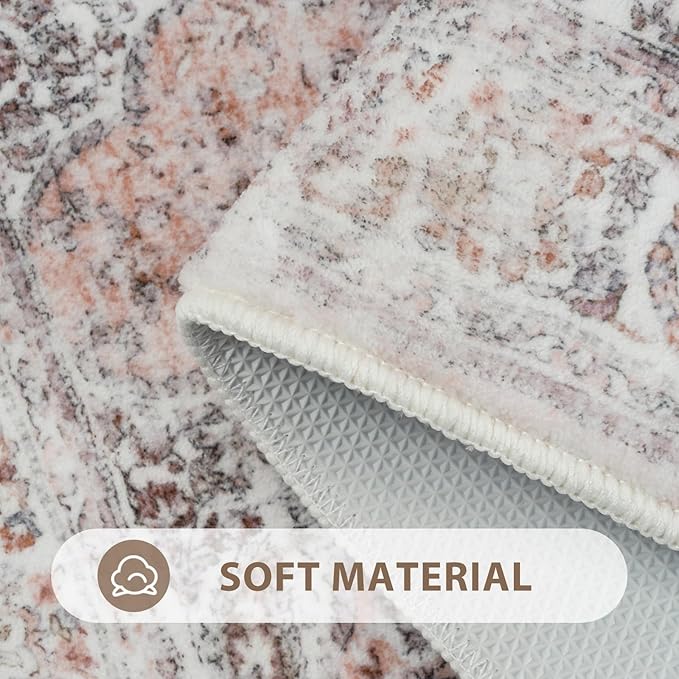 Uphome Boho Bathroom Rugs, Distressed Farmhouse Blush Pink Bath Mat, Comfy Velvet Small Bath Rugs Non Slip Washable, Vintage Oriental Toilet Rug for Sink Shower Vanity, 18x26 inch