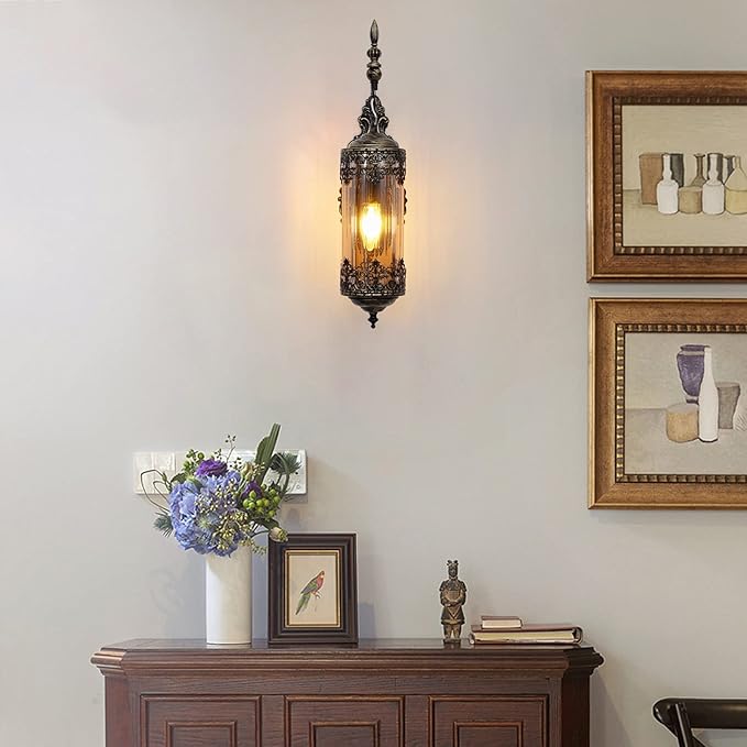 Rustic Wall Sconce with Amber Glass Mini Vintage Antique Gothic Wall Light Fixture Retro Farmhouse Mid Centry Lantern Wall Sconce for Bedroom, Hallway, Mirror, Bursh Gold, E12