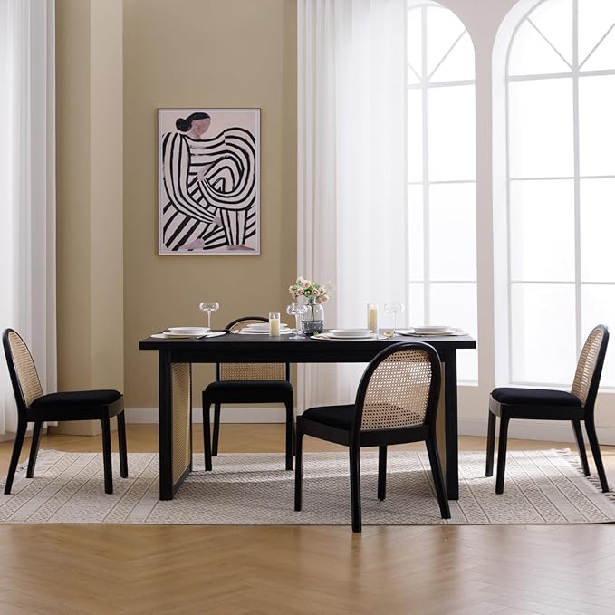 Mid Century Dining Chairs Set of 2, Rattan Sherpa Fabric Side Chairs Kitchen Chair with Solid Wooden Legs for Living Room Dining Room, Black