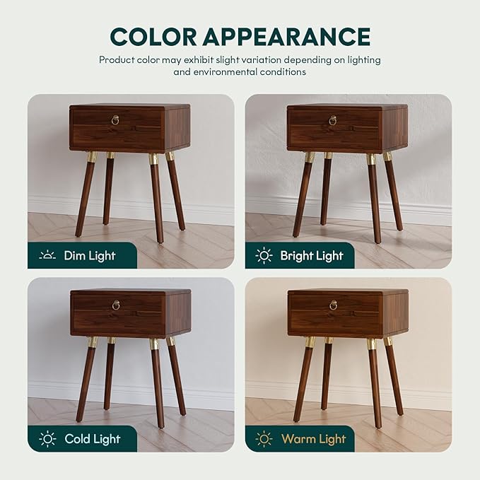 Bme Alden Solid Wood Bedside Table End Table with 1 Drawer for Mid Century Bedroom and Living Room, Dark Chocolate