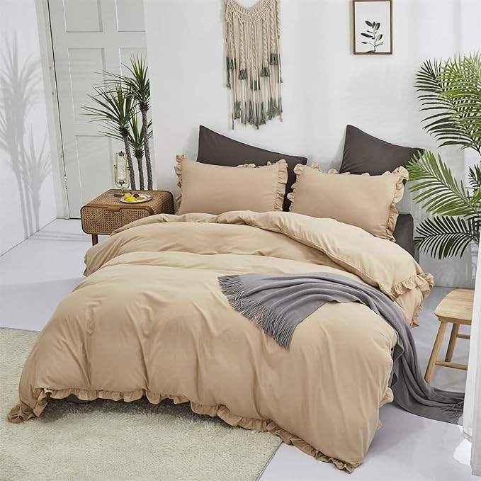 CLOTHKNOW Taupe Ruffles Queen Comforter Set Farmhouse Bedding Comforter Sets Soft Tan Comforter Khaki Comforter with 2 x Pillow Cases