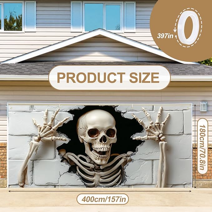 6 x 13 ft Halloween Garage Door Decorations Halloween decorations Witch Door Cover, Hanging Banner, Cauldron Backdrop Mural for Home, Outdoor, Indoor, Spooky Party, Wall, Window (Skull-2)