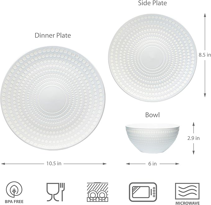 BZYOO Ceramic Dinnerware Set Serive for 4 (12 Pieces), Stoneware Plates and Bowls for Dining Pearl White Dishes Set With DOTDOT Design, Microwave Safe (12 PCS Dishes and Bow set, Bijou Collection)