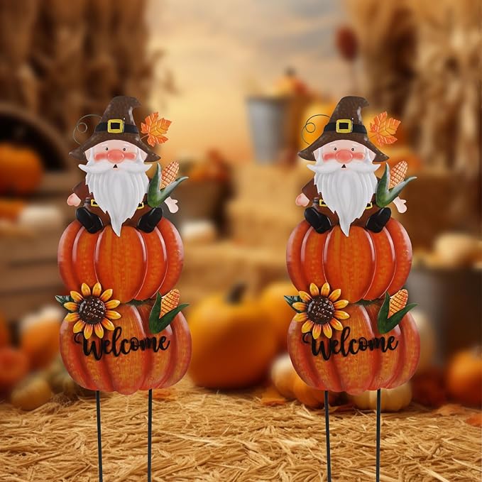 Fall Yard Stakes Large 39.3inch with Gnome and Sunflowers for Thanksgiving Decorations, Metal Pumpkins for Outdoors Garden Patio Harvest Decor