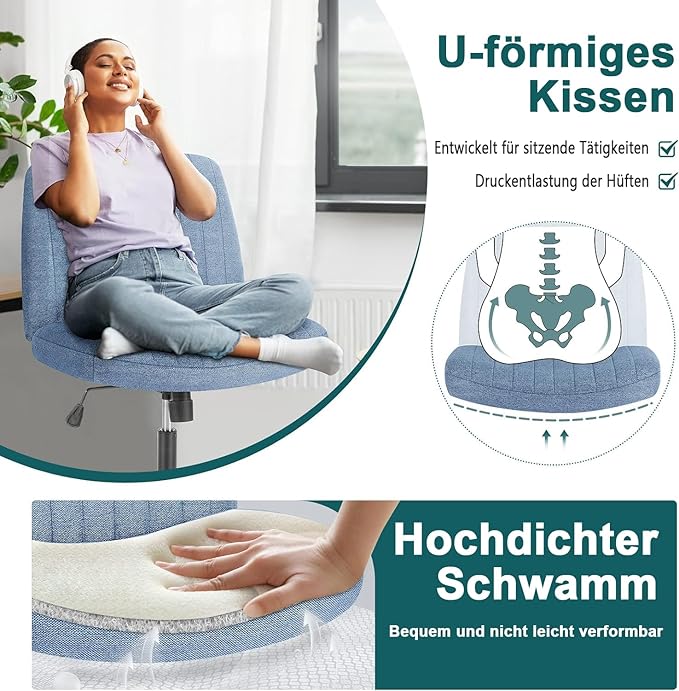 DUMOS Criss Cross Legged Office Chair, Armless Wide Seat No Wheels, Modern Home Desk Height Adjustable Swivel Fabric Vanity Seating for Bedroom