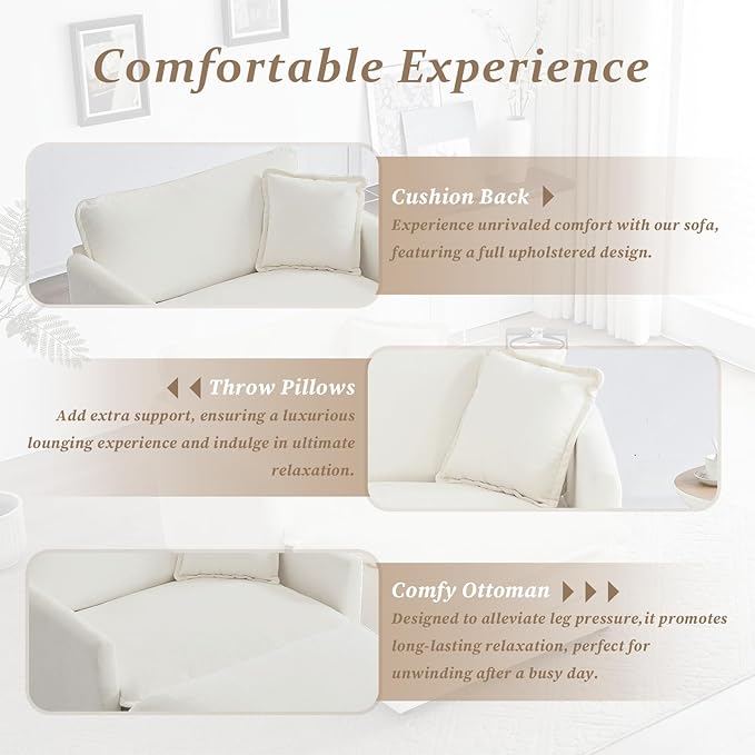 SoarFlash Chenille Sectional Sofa, Comfy Modular Single Sofa with Ottoman, Modern Recliner Deep Seat Sofa Set for Living Room,White