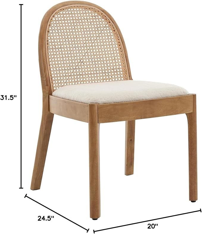 Upholstered Wooden Dining Chairs Set of 2, Farmhouse Kitchen & Dining Room Chairs with Cane Back, Accent Rattan Dining Table Chairs Sherpa Seat for Kitchen/Restaurant/Living Room, White