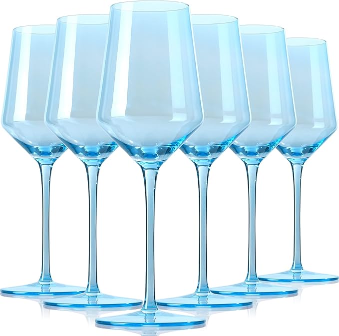 Physkoa Blue Wine Glasses Set 6 - Crystal Blue Wine Stemware with Long Stem and Thin Rim, Perfect for Wedding, Birthday, Anniversary - 15oz
