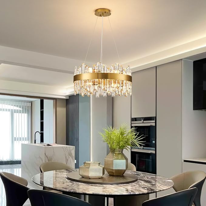 Siljoy Modern Crystal Chandelier, 12-Light Luxury Round 2-Tiers K9 Crystal Raindrop Chandelier, Brushed Brass Gold Crystal Pendant Ceiling Light for Living Dining Room Kitchen Island Foyer D19.7''