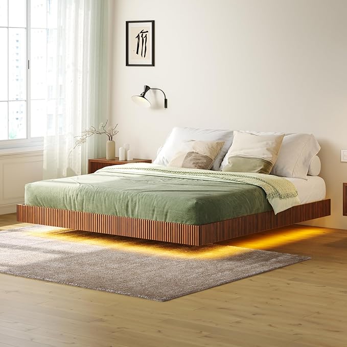Tatub Walnut King Floating Bed Frame with LED Lights, Fluted Mid Century Modern Floating Platform Bed with Heavy Duty Metal Slats, No Box Spring Needed