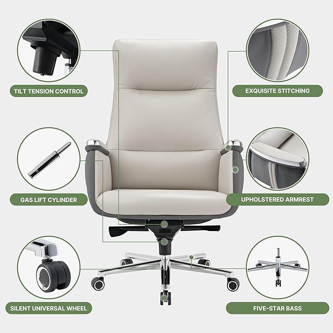 EUREKA ERGONOMIC Royal II Executive Office Chair High Back, Big and Tall with Extra Wide Seat, Silicone Leather Desk Chair Computer Chair, Modern Office Chair Home Desk Chairs - Beige Gray