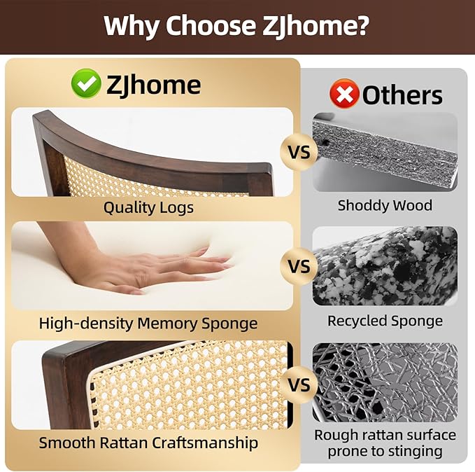 Upholstered Rattan Dining Chairs Set of 2, Mid-Century Modern Fabric Dining Room Chairs with Brown Hardwood Frame, Curved Backrest Kitchen Chair for Living Room (Cream)