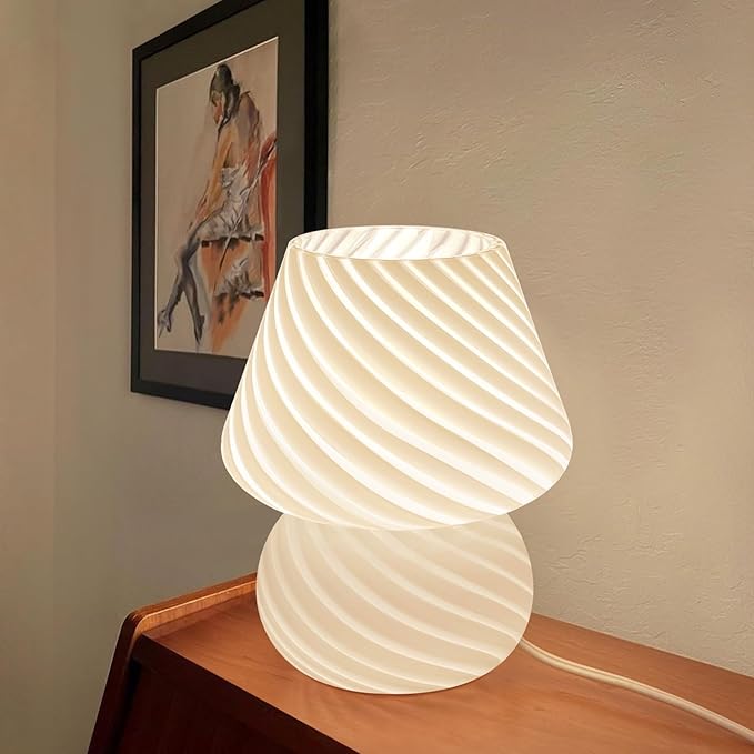 ONEWISH Mushroom Lamp-Small Table Lamp with Striped Glass, Nightstand Lamp for Bedroom, Living Room, 3000K E26 Bulb Included(White)