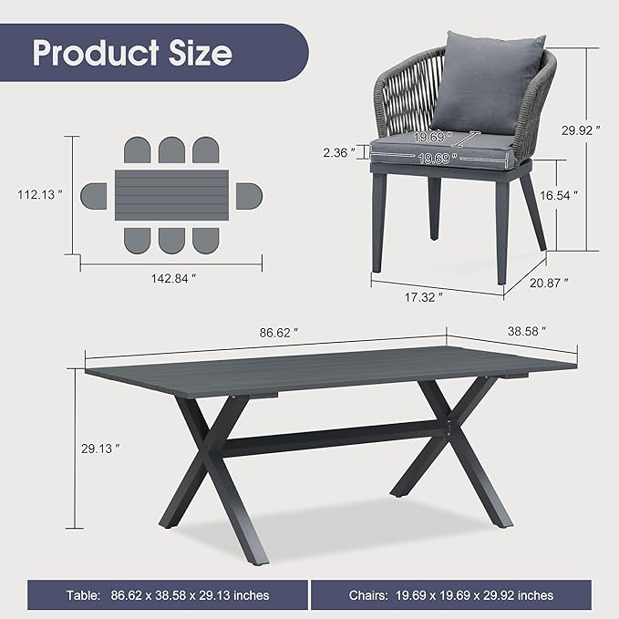 PURPLE LEAF 9 Pieces Patio Dining Table Set Wicker Outdoor Furniture Rectangular Table and Chairs Set for Garden Deck Aluminum Frame Backyard Kitchen Set, Cushions and Pillows Included Grey