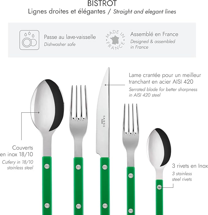 5-Piece Flatware Set - Bistrot Collection - Knife, Fork, Soup Spoon, Teaspoon & Dessert Fork - Stainless Steel & Nylon - Dishwasher Safe - Garden Green - Brilliant Finish