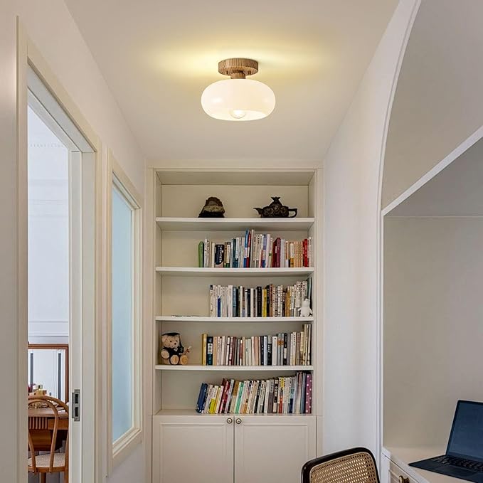 Mid-Century Modern Semi Flush Mount Ceiling Light, Faux Wood Kitchen Ceiling Light Fixture with Glass Shade, Vintage White Close to Ceiling Lamp for Entryway Hallway Bathroom (8.66 Inch)
