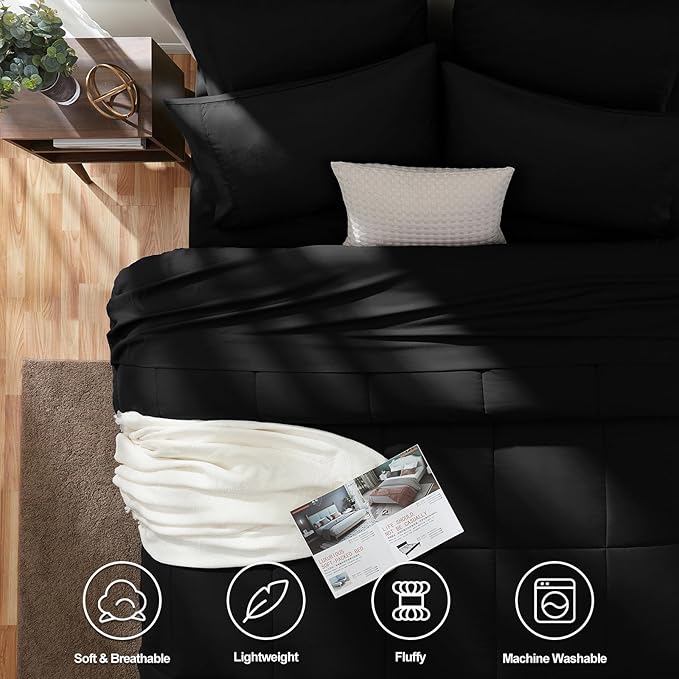 CozyLux Queen Comforter Set Black, 7 Pieces Bed in a Bag, Black Comforter Queen Size, All Season Bedding Sets with Stitch Quilted Comforter, Flat Sheet, Fitted Sheet, Pillowcases