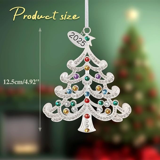 2025 Metal Christmas Tree Ornament Decorations 5" with Colorful Crystals & 2025 Dated Engraved for Keepsake Gifts Holiday Home Party Decor