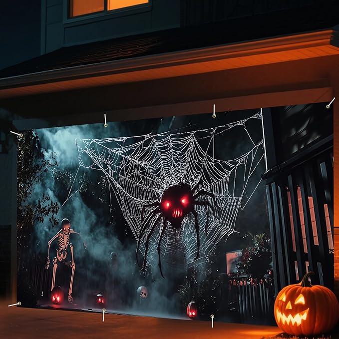 6 x 13 ft Halloween Garage Door Decorations Halloween decorations Witch Door Cover, Hanging Banner, Cauldron Backdrop Mural for Home, Outdoor, Indoor, Spooky Party, Wall, Window (Spider)