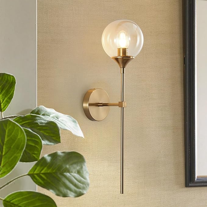 KCO Lighting Brushed Brass Gold Wall Mounted Sconce Mid Century Modern Wall Light Fixture Vintage Long Wall Lamp Amber Glass Wall Sconce Lighting Globe Round Wall Light (Amber)