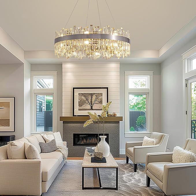 Siljoy 16-Light Modern Crystal Chandelier, Large Brushed Nickel Flush Mount Raindrop Chandelier Adjustable Height Hanging Ceiling Light Fixture for Dining Living Room Entryway Foyer 31.5 Inch