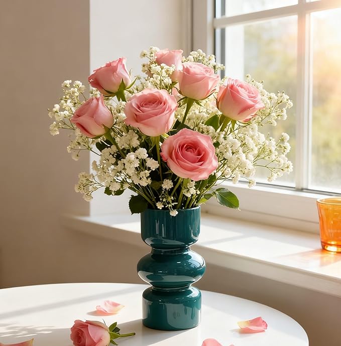 JSPYFITS Glass Hydroponic Flower Vase, 7 Inches Colored Glass Bubble Vase for Flower, Three-Layer Glassvase Funky Vase for Home/Office/Weddings/Party Table Flower Decor (Dark Green)