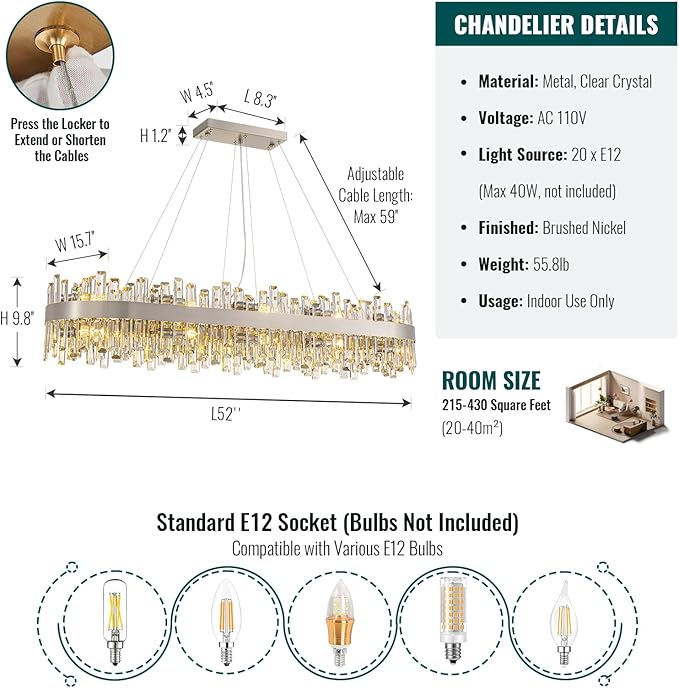 Siljoy Large Rectangular Crystal Chandelier, Modern Oval Brushed Nickel 2-Tiers K9 Crystal Raindrop Chandelier Ceiling Light for Dining Room, Living Room Kitchen Island Bar, E12 x 20, L52''