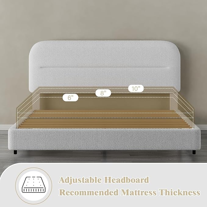 HOMBCK King Size Boucle Bed Frame, White Upholstered Platform King with Soft Headboard, Thickened Footboard, Rounded Corners, No Box Spring Required, Easy Assembly, White