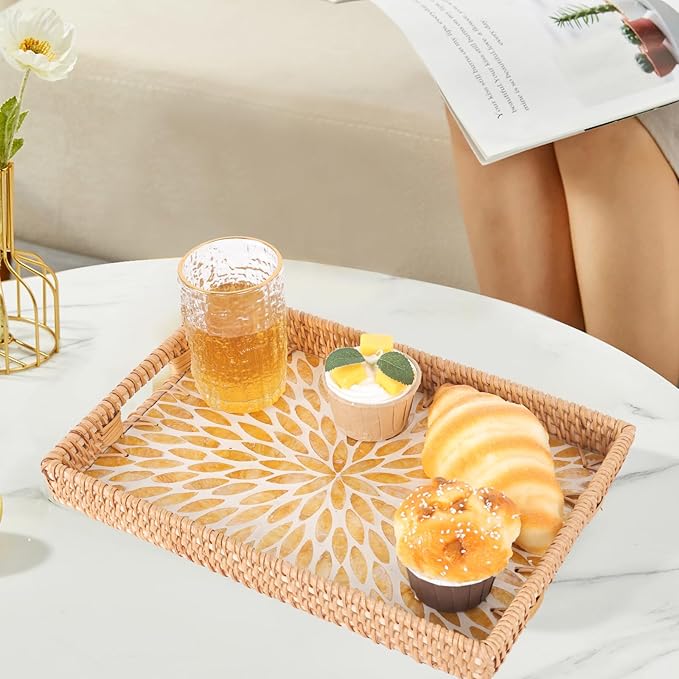 Rectangle Rattan Tray with Mother of Pearl Inlay, Rattan Serving Tray with Handle for Coffee, Bread, Fruits, Snacks, Decorative Wicker Tray for Table Decor (Rectangle Amber Leaf, 13"×9")