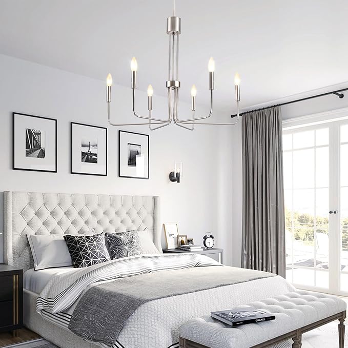 6 Lights Brushed Nickel Chandeliers for Dining Room - Modern Farmhouse Chandelier for Entryway Foyer Rustic Industrial - Dining Light Fixture High Ceiling for Bedroom Kitchen Vintage Silver