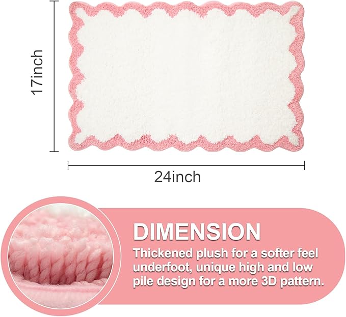 ORTIGIA Small Cute Scalloped Bath Mat, White and Pink Plush Microfiber Scallop Bathroom Rugs Non Slip Washable Quick Dry Absorbent, Bathmat for Shower Stall Vanities Kitchen Floor Entrance, 17x24
