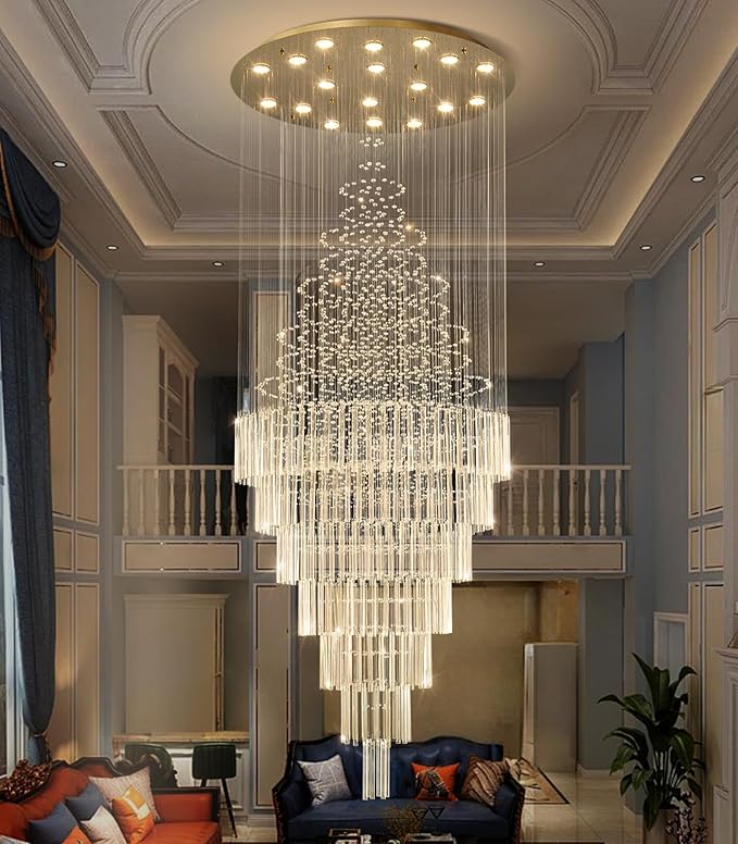 W40 x H120 Glam Chandelier with LED Bulbs Crystal Raindrop High Ceiling Pendant Light for Entrance Large Villa Chandelier Foyer Lighting Fixtures Gold