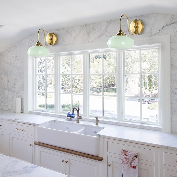 KCO Lighting Vintage Green Wall Sconces Light Set of Two Gold Globe Wall Sconce Mid Century Modern Bathroom Vanity Light Fixture Brass Indoor Wall Sconce Light Fixture (2 Pack)