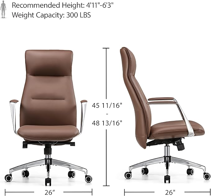 EUREKA ERGONOMIC Royal Slim Executive High Back Brown Leather Office Chair, Home Desk Chair for Adults, Big and Tall with Wheels, Swivel Rolling