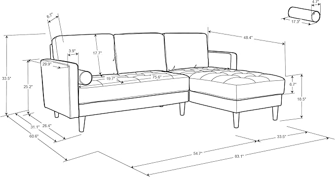 Studio Living® Lexington 83.1" Sofa Chaise, Mid-Century Modern, Pocket Coil Comfort, Reversable Chaise, Easy Assembly, Woven Fabric, Heather Grey