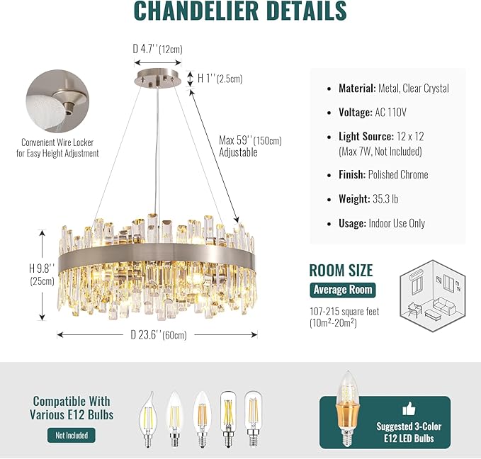 Siljoy 12-Light Modern Crystal Chandelier Round Brushed Nickel 2-Tier K9 Crystal Raindrop Chandelier Luxury Adjustable Hanging Ceiling Light Fixture for Living Dining Room Kitchen Island D23.6''