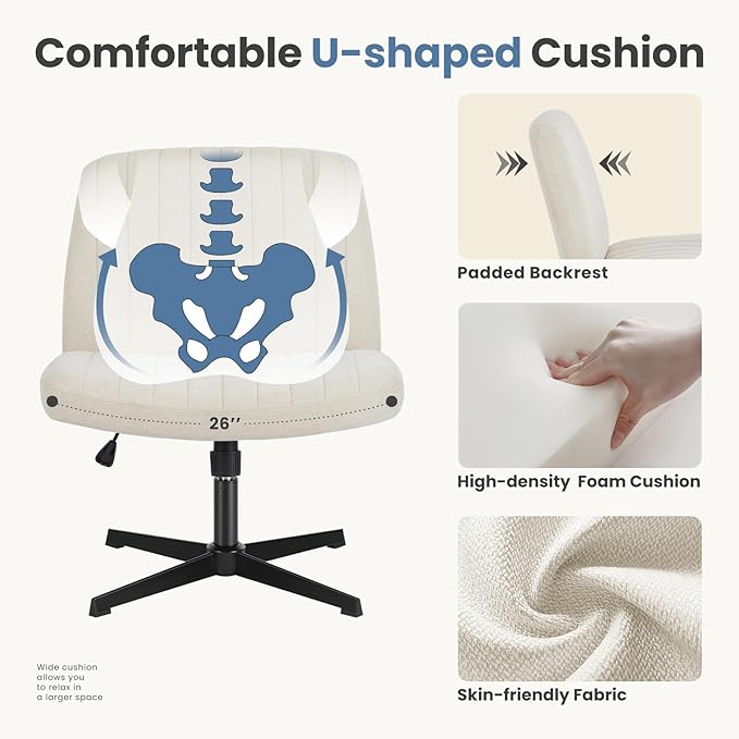 DUMOS Criss Cross Chair No Wheels Wide Cross Legged Desk Vanity Chair Comfy Fabric Armless Adjustable Swivel for Home Computer Task (Beige)